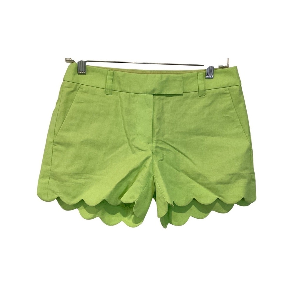 NWT J.Crew Scalloped Hem Chino Shorts Lime Green Linen/Cotton Blend - Size 0